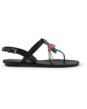 Prada Antiqued Leather Thong Sandals With Floral Ornament - Black