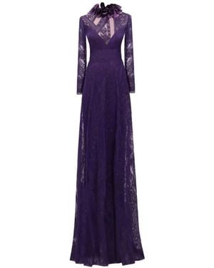 Gemy Maalouf Patterned-Lace Long-Sleeves Maxi Dress - Purple