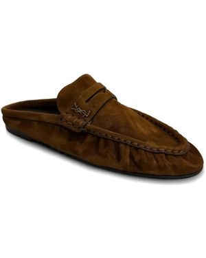 Saint Laurent Le Loafer Logo-Plaque Mules - Brown