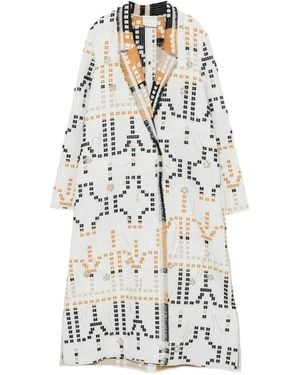 forte_forte Geometric-Pattern Fringed-Trim Coat - White
