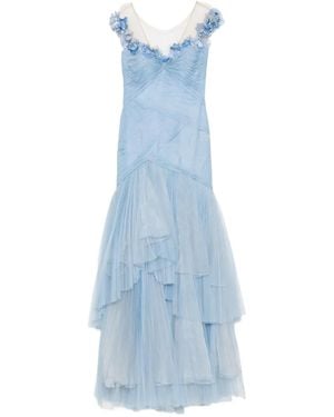 Gemy Maalouf Flower-Embellished Layered Tulle Maxi Dress - Blue