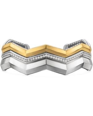 David Yurman 18Kt And Sterling Zig Zag Stax Three Row Diamond Cuff Bracelet (17.4Mm) - White