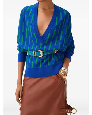 Versace Embroidered-Logo Wool Knit V-Neck Jumper - Blue