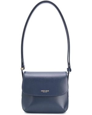 Giorgio Armani Logo-Embossed Leather Shoulder Bag - Blue