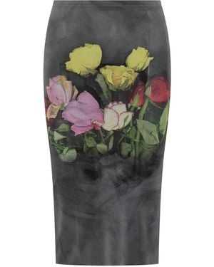 MSGM Roses Bouquet-Print Midi Skirt - Gray