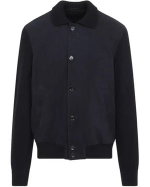 Brioni Ribbed-Knit Paneled Leather Jacket - Blue
