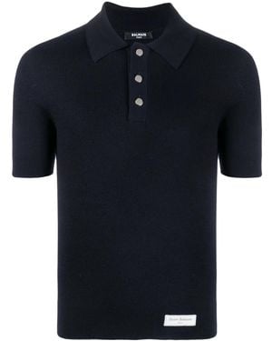 Balmain Logo-Patch Wool Polo Shirt - Blau