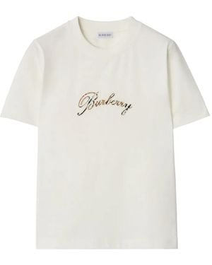Burberry Check Cursive Logo Cotton T-Shirt - White
