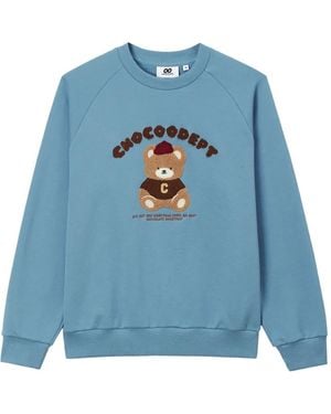 Chocoolate Bear-Embroidered Raglan-Sleeved Sweatshirt - Blue