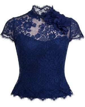 Gemy Maalouf Floral-Lace Appliqué Top - Blue