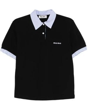 Miu Miu Striped-trim piquet polo top - Negro