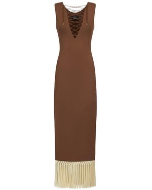 Taller Marmo Sahara Lace-Up Fringe Midi Dress - Brown