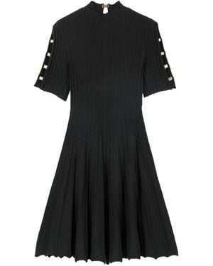 Maje Ribbed-Knit Pleated Dress - Black