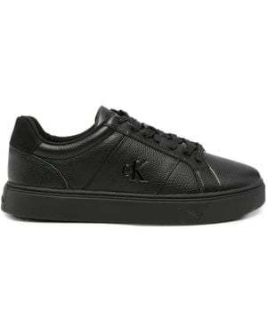 Calvin Klein Logo-Plaque Pebbled Leather Trainers - Black