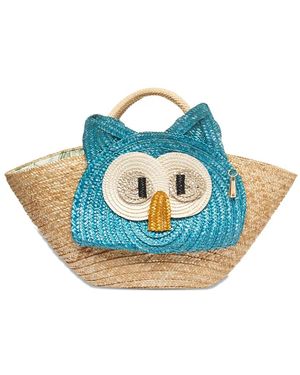 La Milanesa Owl-Face Straw Shoulder Bag - Blue