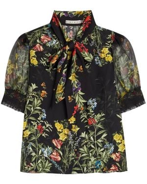 Alice + Olivia Floral-Print Pussy-Bow Blouse - Black