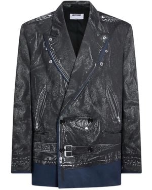 Moschino Printed Double-Breasted Cotton Drill Jacket - Gray