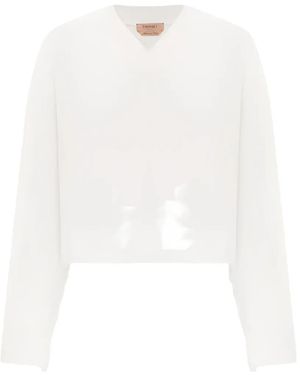 Twinset V-Neck Fringed Sweater - White