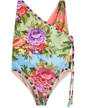 FARM Rio Floral-Print Draped Swimsuit - Green