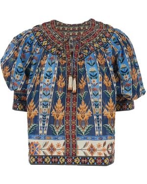 FARM Rio Embroidered Tapestry Short Sleeve Blouse - Blue