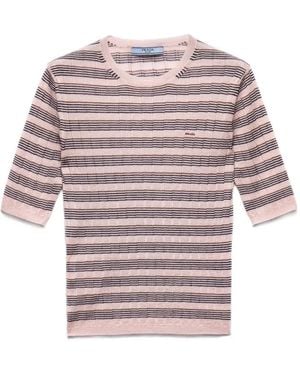 Prada Short-Sleeved Striped Cashmere And Silk Sweater - Pink