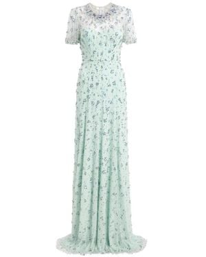 Jenny Packham Beaded Short Sleeve Maxi Dress - Blue
