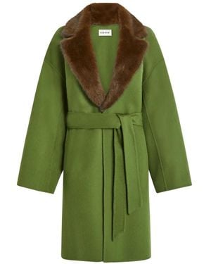 P.A.R.O.S.H. Fur-Collar Belted Single-Breasted Coat - Green