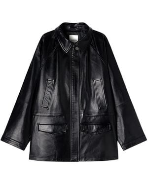 Sandro Shirt Collar Leather Jacket - Black