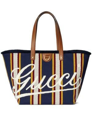 Gucci Striped Logo-Embroidered Tote Bag - White