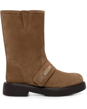 Love Moschino Logo-Lettering Touch-Strap Boots - Brown