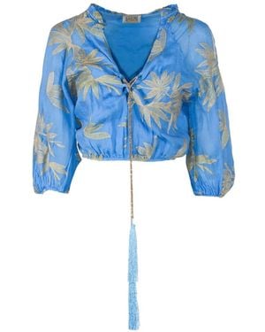 PHO® Firenze Leaf-Pattern Cropped Blouse - Blue