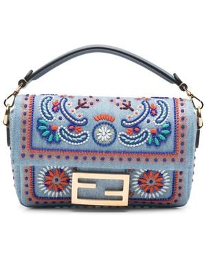 Fendi Mini Baguette Schultertasche Mit Perlenstickerei - Blau