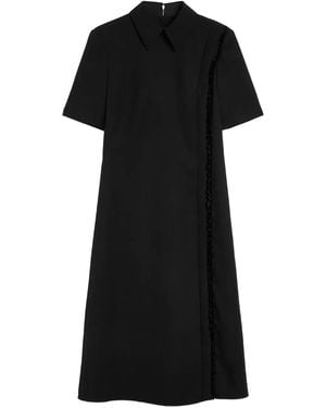 Jil Sander Pointed Collar Ruffle Wool Gabardine Dress - Black