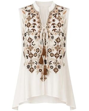 PAHIESA FORMENTERA Embroidered Tassel-Detail Top - White
