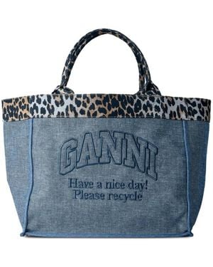 Ganni Embroidered Animal-Print Denim Tote Bag - Blue
