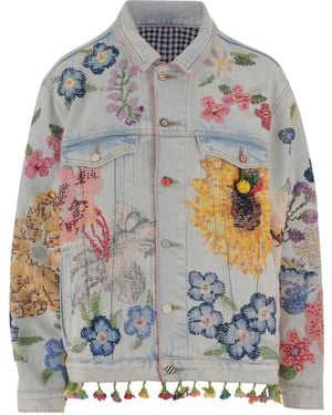 Péro Floral-Embroidered Denim Jacket - Grey