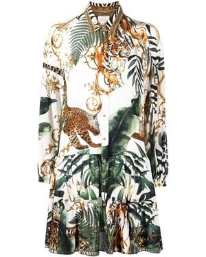CAMILLA Tiger-Print Tiered Shirtdress - White