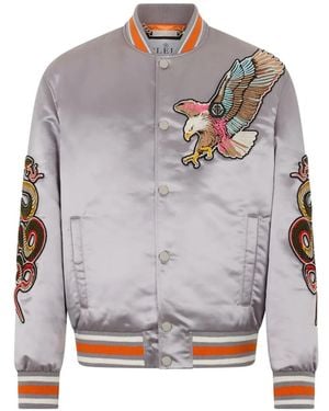 Philipp Plein Veste Bomber En Cuir À Patchs Tatouage - Grey