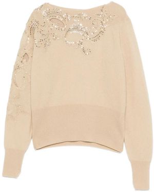 Ermanno Scervino Sequin-Embellished Lace-Insert Cashmere Sweater - Natural