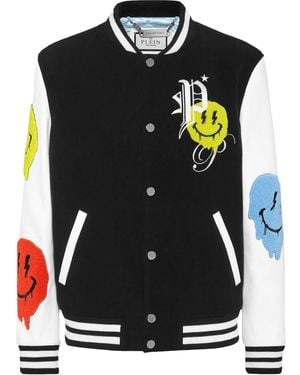 Philipp Plein Smile-Appliqué Varsity Jacket - Black
