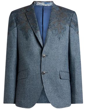 Etro Single-Breasted Wool-Blend Jacket With Placed Paisley Pochette Print - Blue