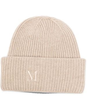 Max Mara Logo-Embroidered Ribbed Beanie Hat - Natural