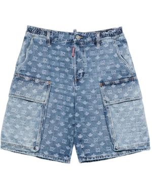 DSquared² Monogram-Pattern Denim Shorts - Blue