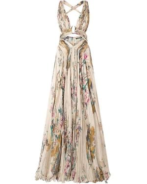 Roberto Cavalli Pleated Floral-Print Dress - Natural