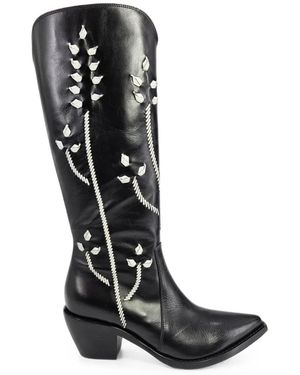 Madison Maison Tall Floral-Embroidered Leather Boots - Black