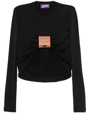 Jean Paul Gaultier Logo-Patch Gathered Top - Black