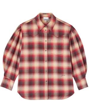 Ganni Checked Puff-Sleeve Shirt - Red