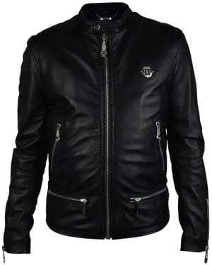 Philipp Plein Grained Leather Biker Jacket - Black