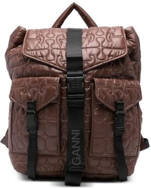 Ganni Quilted-Design Backpack - Brown