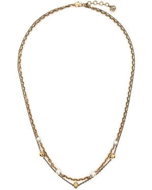 McQueen スカル&パール ネックレス - メタリック